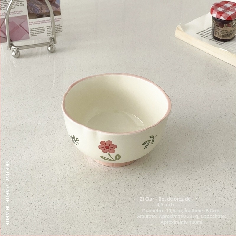 Farfurie de desert din porțelan, rotundă, cu model floral, stil coreean, finisaj sub glazură.