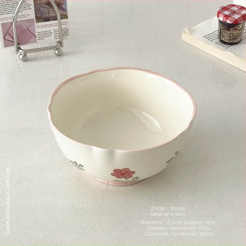 Farfurie de desert din porțelan, rotundă, cu model floral, stil coreean, finisaj sub glazură.