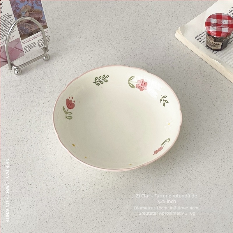Farfurie de desert din porțelan, rotundă, cu model floral, stil coreean, finisaj sub glazură.
