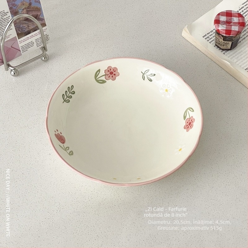 Farfurie de desert din porțelan, rotundă, cu model floral, stil coreean, finisaj sub glazură.