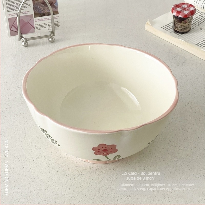 Farfurie de desert din porțelan, rotundă, cu model floral, stil coreean, finisaj sub glazură.