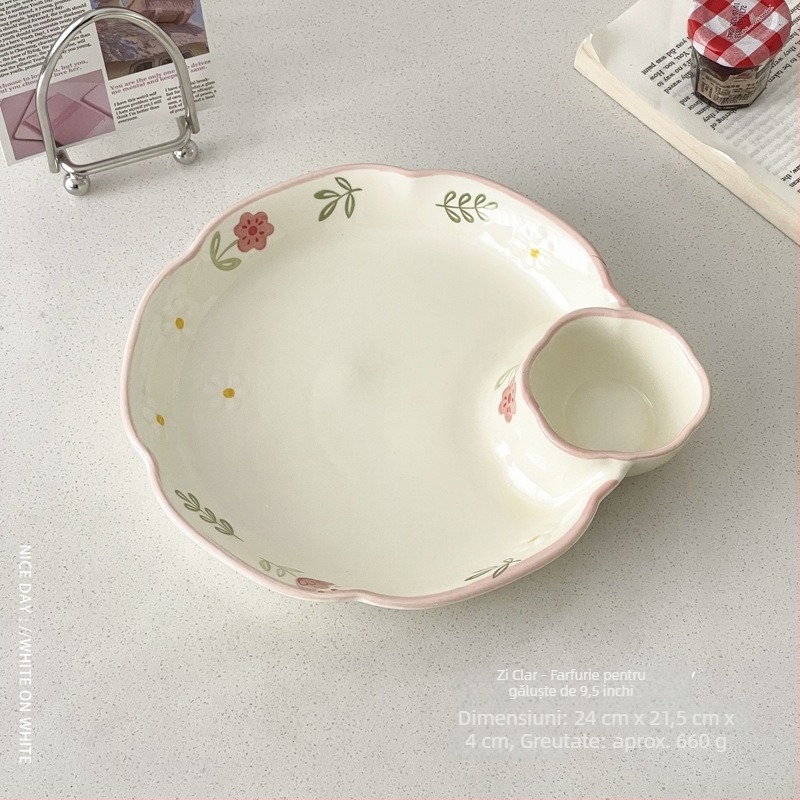 Farfurie de desert din porțelan, rotundă, cu model floral, stil coreean, finisaj sub glazură.