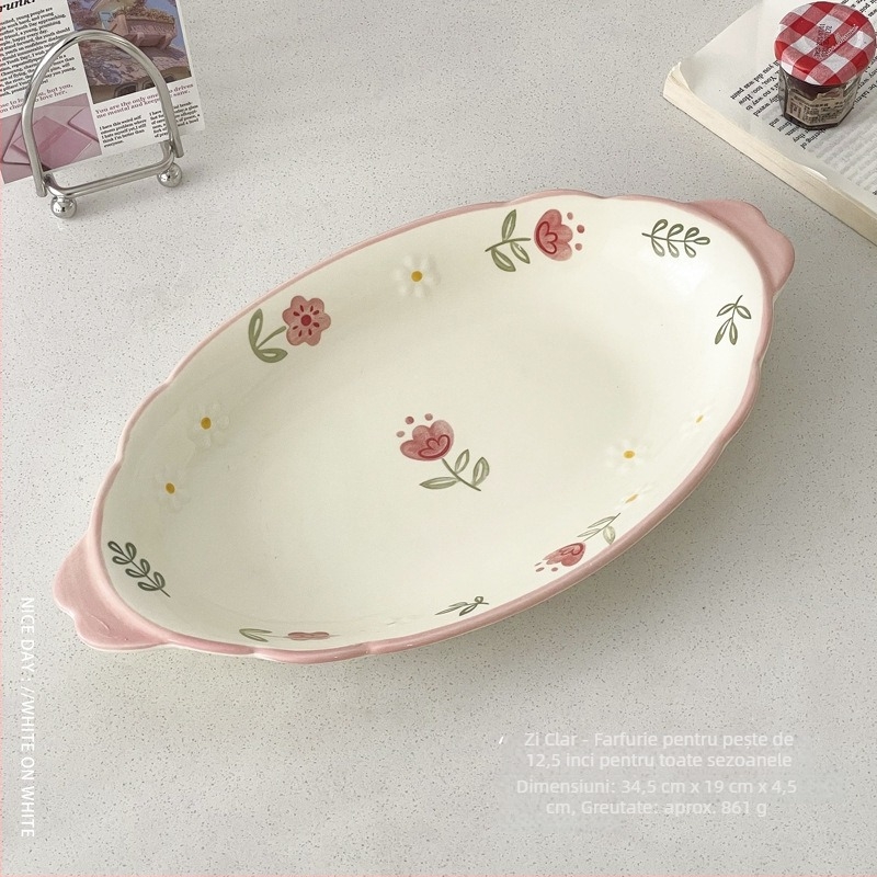 Farfurie de desert din porțelan, rotundă, cu model floral, stil coreean, finisaj sub glazură.