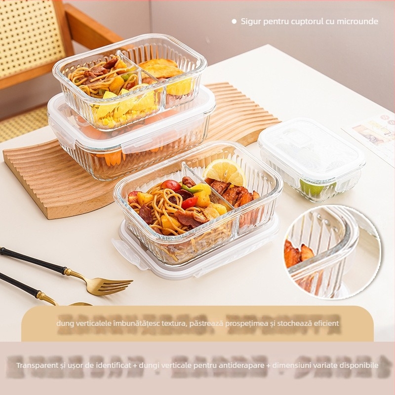 Casă de prânz din sticlă cu patru compartimente, compatibilă cu cuptorul cu microunde, sticlă borosilicat, design dreptunghiular/rotund/patrat