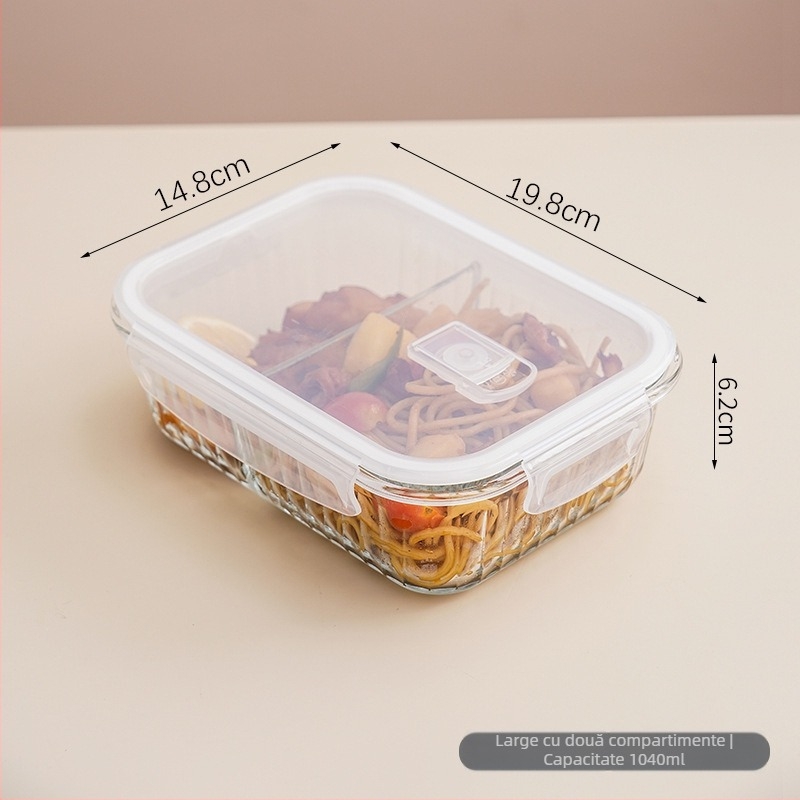 Casă de prânz din sticlă cu patru compartimente, compatibilă cu cuptorul cu microunde, sticlă borosilicat, design dreptunghiular/rotund/patrat