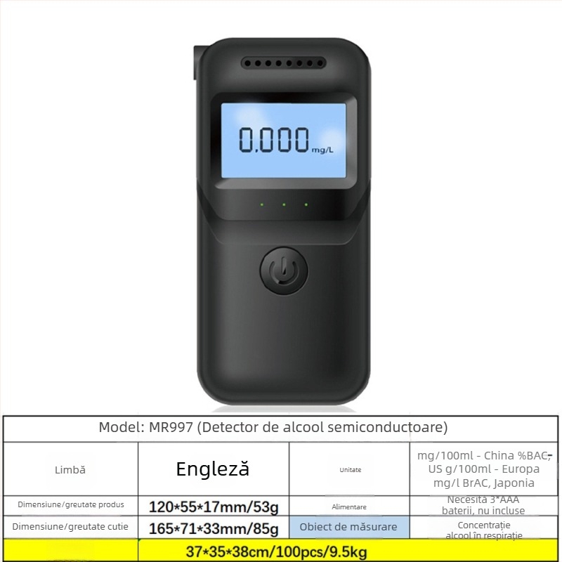 Analizator portabil de alcool prin respirație MR997, RCXAZ, interval de măsurare 0,00–0,19% BAC, precizie ±0,01% BAC, timp de reacție 5 secunde