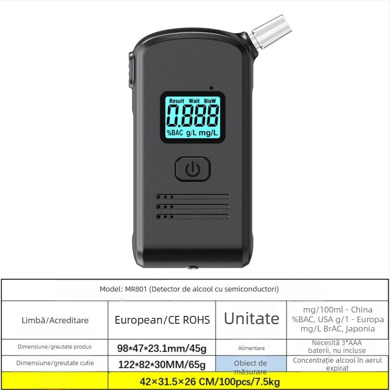 Analizator portabil de alcool prin respirație MR997, RCXAZ, interval de măsurare 0,00–0,19% BAC, precizie ±0,01% BAC, timp de reacție 5 secunde