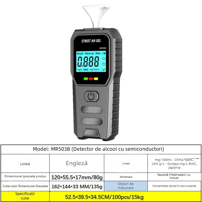 Analizator portabil de alcool prin respirație MR997, RCXAZ, interval de măsurare 0,00–0,19% BAC, precizie ±0,01% BAC, timp de reacție 5 secunde