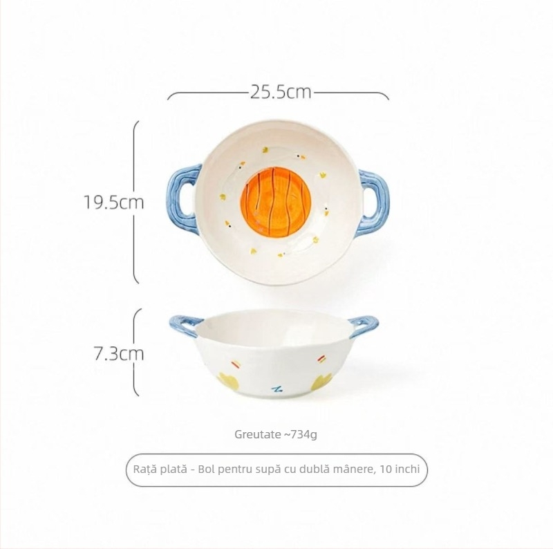 Set de veselă din porțelan cu design sub glazură — bol de orez, bol de supă, farfurie și lingură; stil proaspăt și drăguț