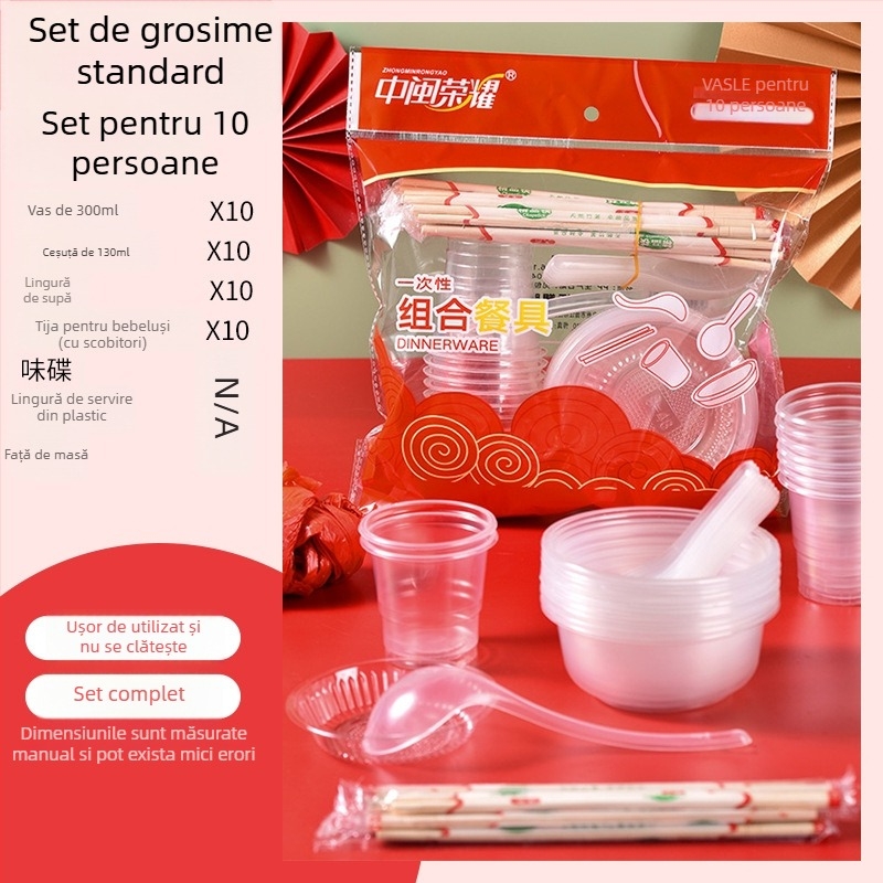 Set plastic de unică folosință pentru masă cu boluri circulare și bețișoare, destinat pentru 8-10 persoane, pachete 10/30/60