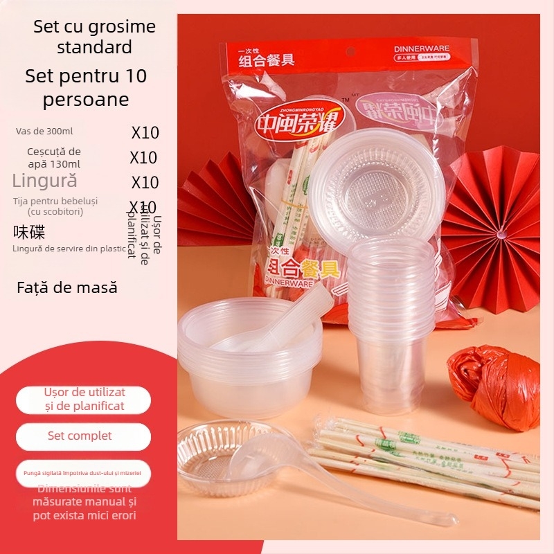 Set plastic de unică folosință pentru masă cu boluri circulare și bețișoare, destinat pentru 8-10 persoane, pachete 10/30/60