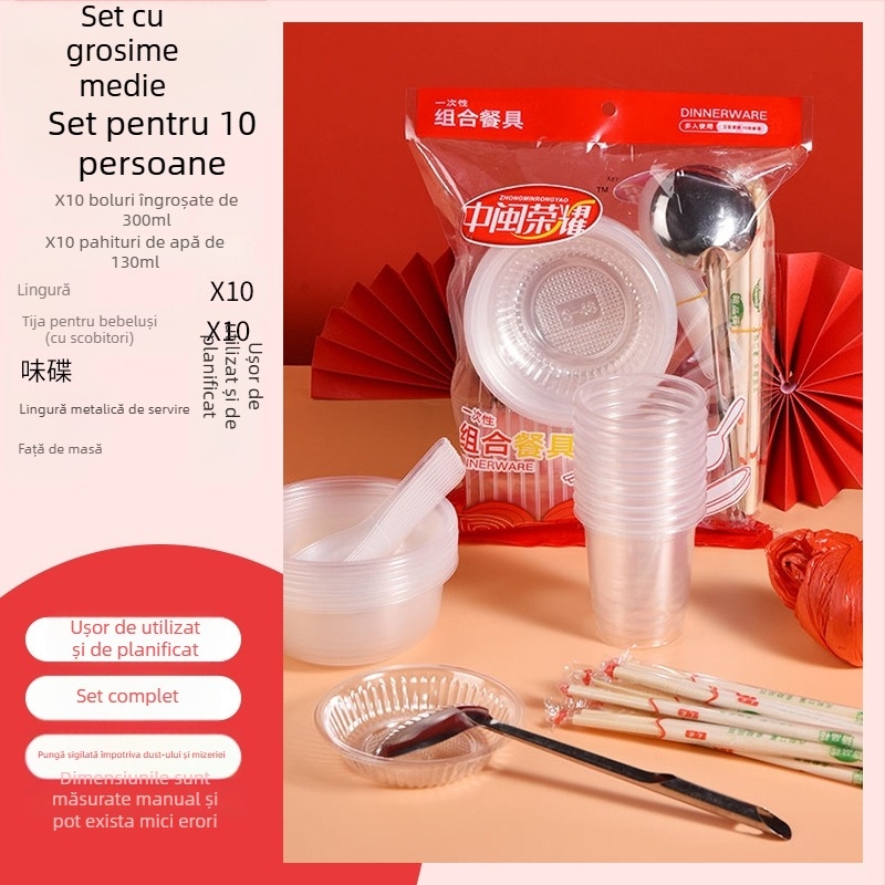 Set plastic de unică folosință pentru masă cu boluri circulare și bețișoare, destinat pentru 8-10 persoane, pachete 10/30/60