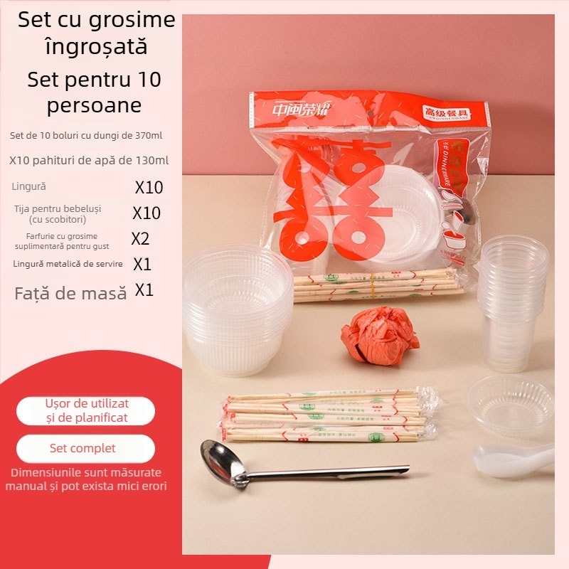 Set plastic de unică folosință pentru masă cu boluri circulare și bețișoare, destinat pentru 8-10 persoane, pachete 10/30/60