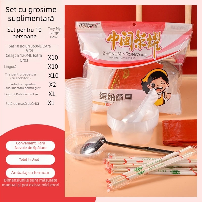 Set plastic de unică folosință pentru masă cu boluri circulare și bețișoare, destinat pentru 8-10 persoane, pachete 10/30/60