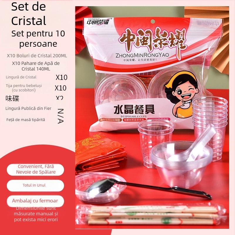 Set plastic de unică folosință pentru masă cu boluri circulare și bețișoare, destinat pentru 8-10 persoane, pachete 10/30/60