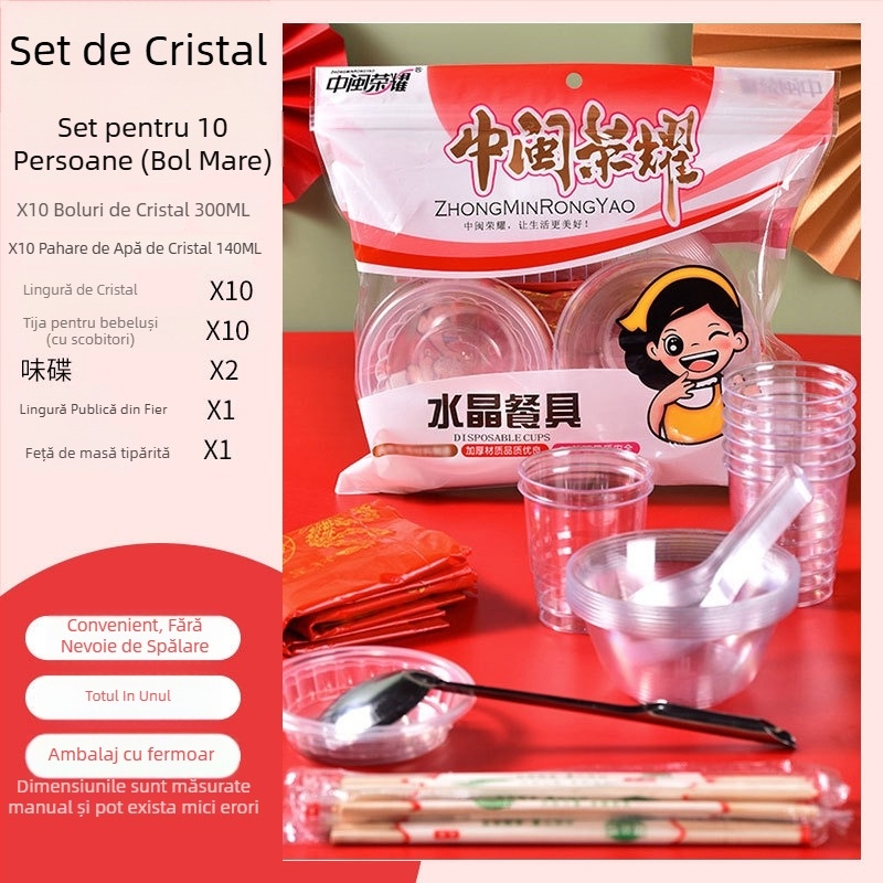 Set plastic de unică folosință pentru masă cu boluri circulare și bețișoare, destinat pentru 8-10 persoane, pachete 10/30/60