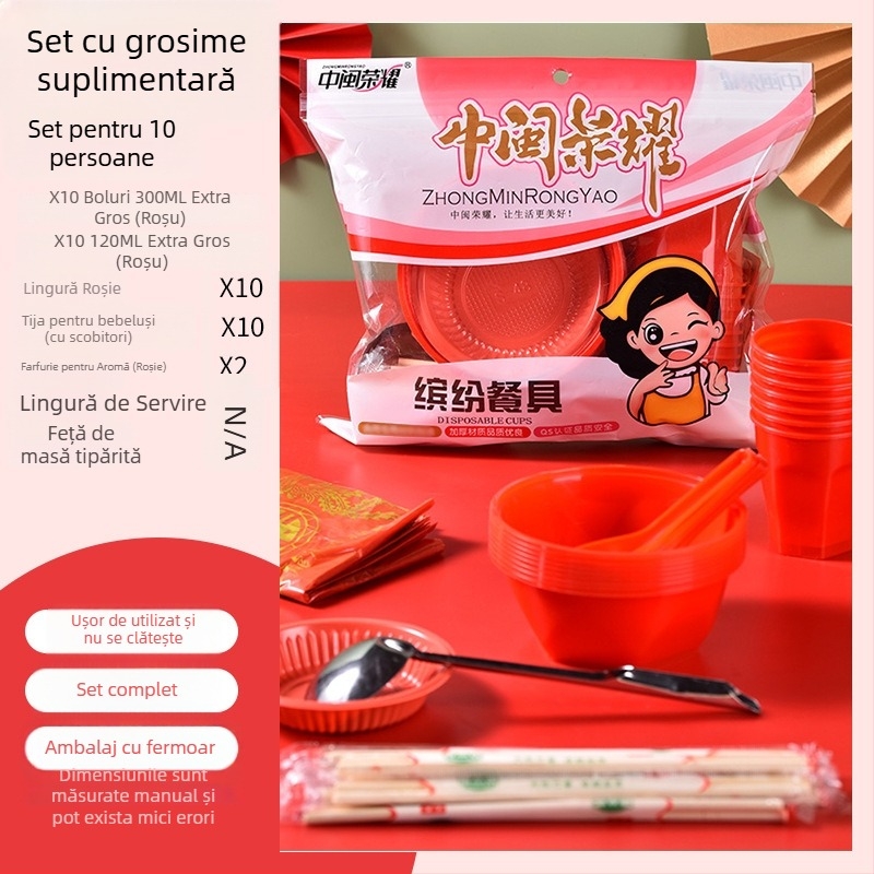 Set plastic de unică folosință pentru masă cu boluri circulare și bețișoare, destinat pentru 8-10 persoane, pachete 10/30/60