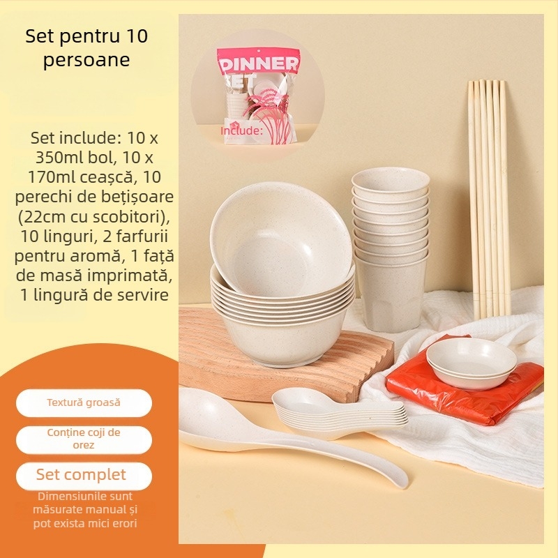 Set plastic de unică folosință pentru masă cu boluri circulare și bețișoare, destinat pentru 8-10 persoane, pachete 10/30/60