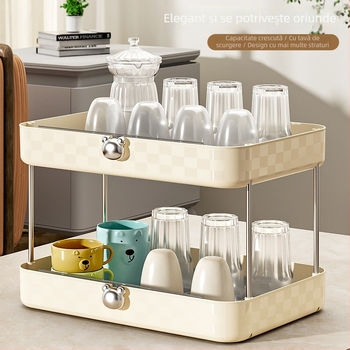 Raft de depozitare pe birou din plastic cu trei niveluri pentru pahare cu tavă de drenaj
