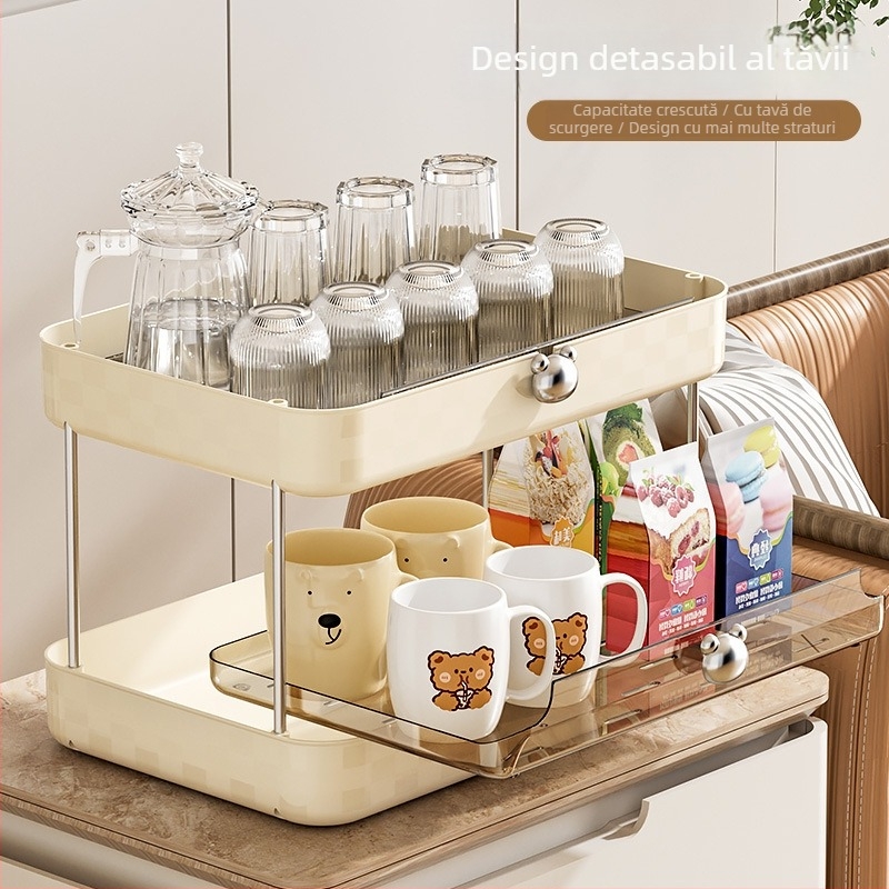 Raft de depozitare pe birou din plastic cu trei niveluri pentru pahare cu tavă de drenaj