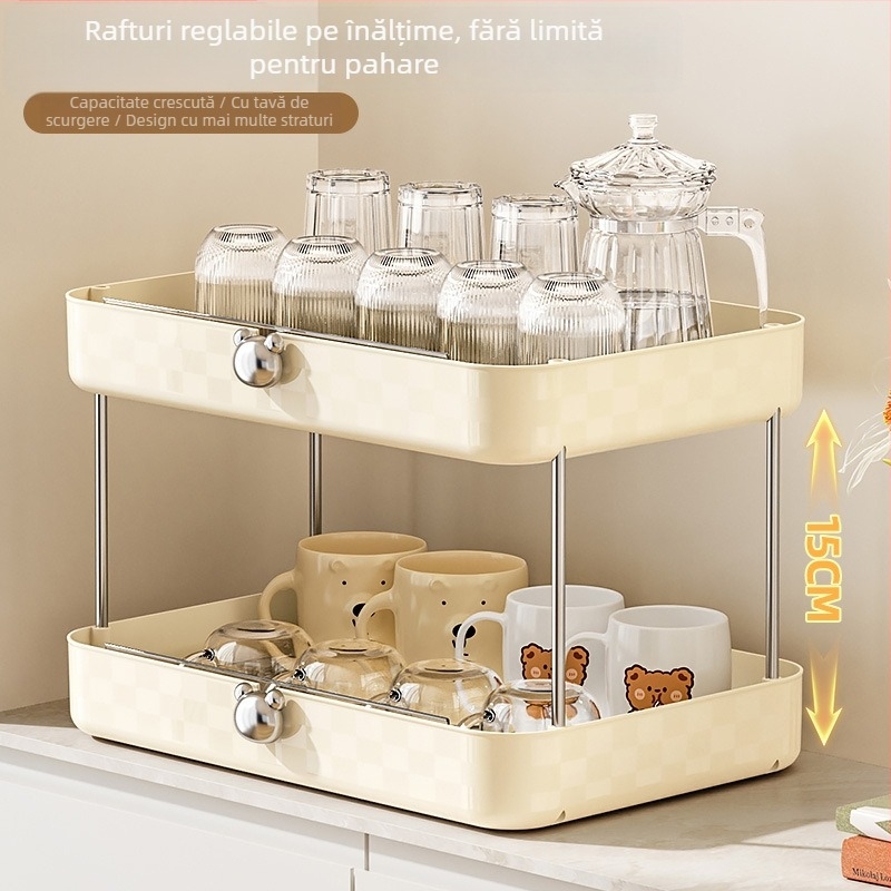 Raft de depozitare pe birou din plastic cu trei niveluri pentru pahare cu tavă de drenaj