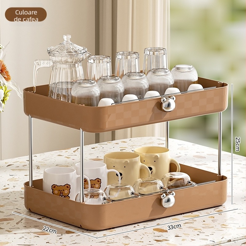 Raft de depozitare pe birou din plastic cu trei niveluri pentru pahare cu tavă de drenaj