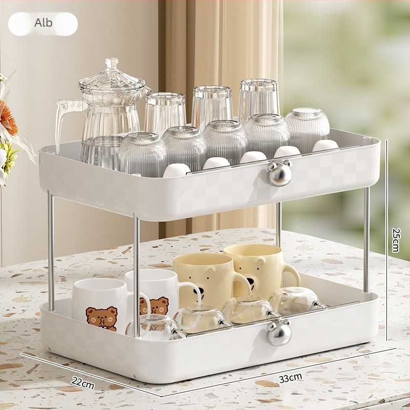 Raft de depozitare pe birou din plastic cu trei niveluri pentru pahare cu tavă de drenaj