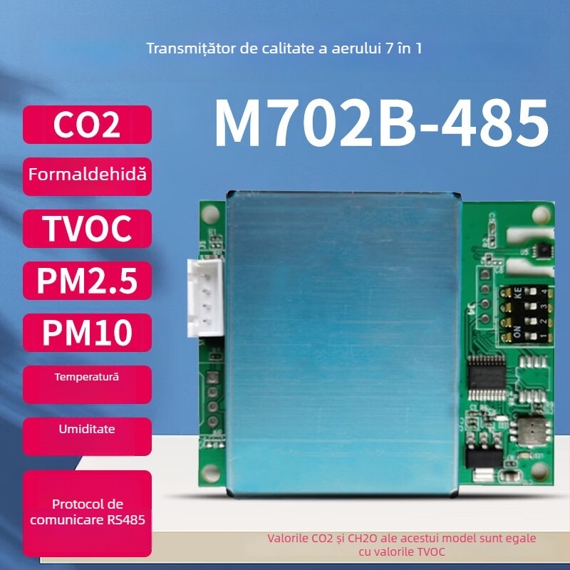 Modul senzor 7 în 1 pentru calitatea aerului: CO2, formaldehidă, PM2.5/PM10, TVOC, temperatură și umidire; interfață RS485/UART; senzor electrochimic