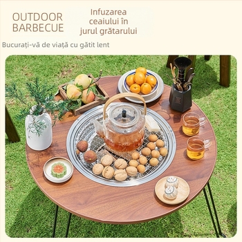 Masă pliabilă outdoor pentru ceai cu cuptor – rotundă, masă multifuncțională pentru exterior, placaj artificial, personalizare disponibilă