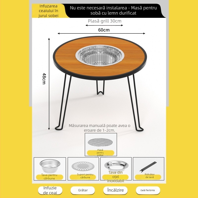 Masă pliabilă outdoor pentru ceai cu cuptor – rotundă, masă multifuncțională pentru exterior, placaj artificial, personalizare disponibilă