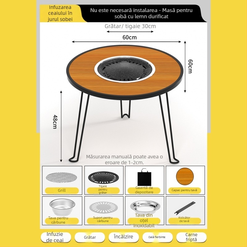 Masă pliabilă outdoor pentru ceai cu cuptor – rotundă, masă multifuncțională pentru exterior, placaj artificial, personalizare disponibilă