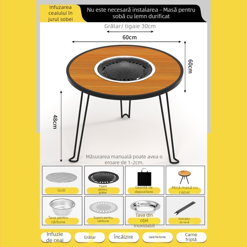 Masă pliabilă outdoor pentru ceai cu cuptor – rotundă, masă multifuncțională pentru exterior, placaj artificial, personalizare disponibilă