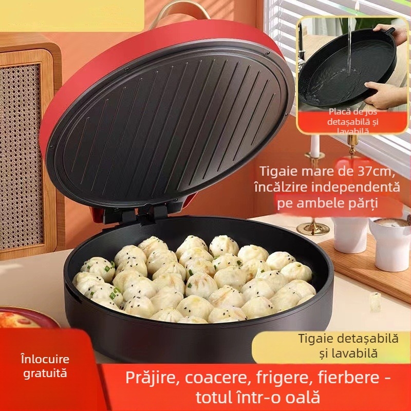 Tigaie electrică pentru clătite cu încălzire pe ambele fețe, detașabilă și lavabilă, 1000W+, 110-240V, control mecanic, pentru 4-5 porții