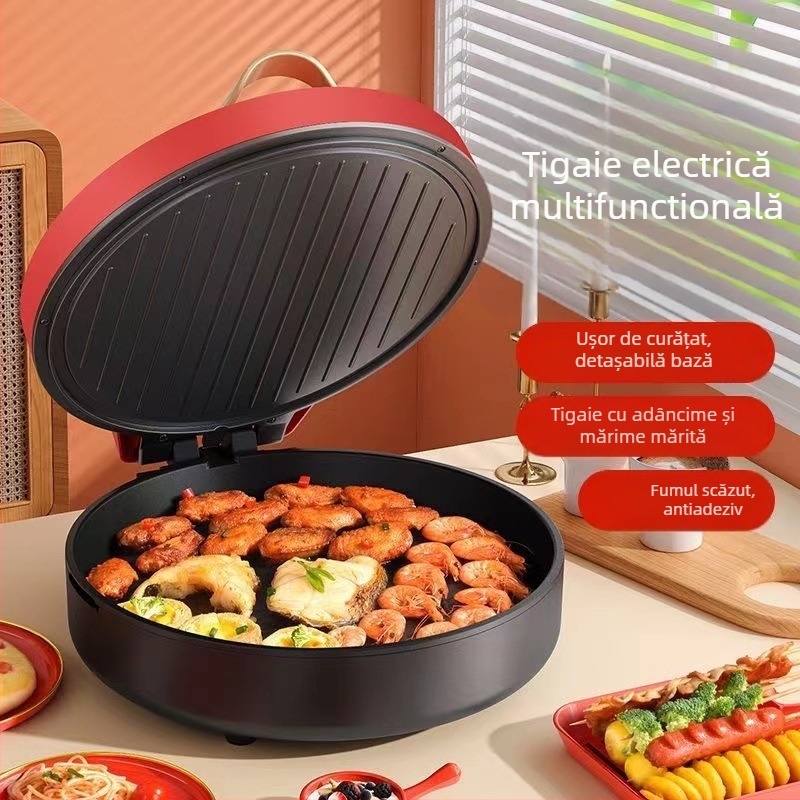 Tigaie electrică pentru clătite cu încălzire pe ambele fețe, detașabilă și lavabilă, 1000W+, 110-240V, control mecanic, pentru 4-5 porții