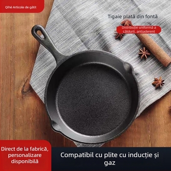 Tigaie din fontă, netencuită, cu fund dintr-o singură bucată, potrivită pentru inducție, gaz și cuptor cu microunde