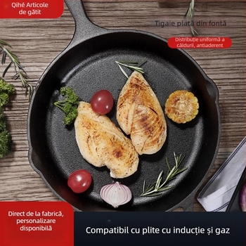 Tigaie din fontă, netencuită, cu fund dintr-o singură bucată, potrivită pentru inducție, gaz și cuptor cu microunde