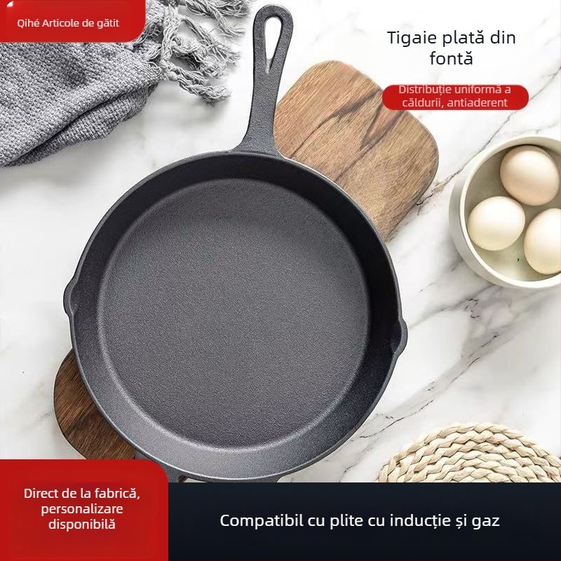 Tigaie din fontă, netencuită, cu fund dintr-o singură bucată, potrivită pentru inducție, gaz și cuptor cu microunde