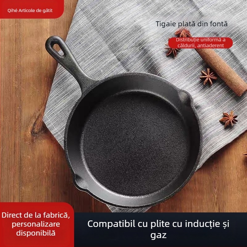 Tigaie din fontă, netencuită, cu fund dintr-o singură bucată, potrivită pentru inducție, gaz și cuptor cu microunde