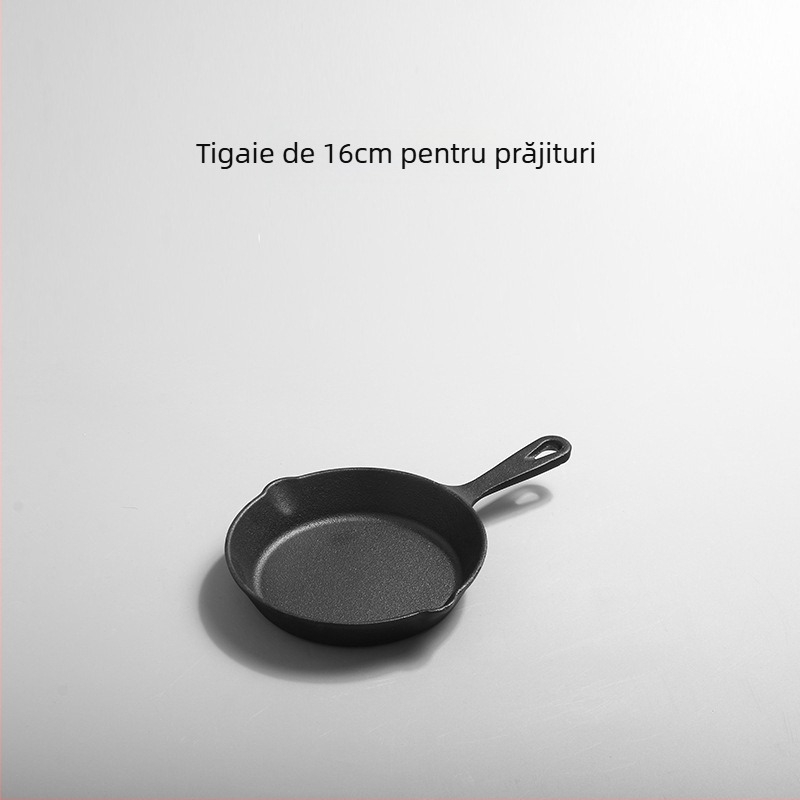 Tigaie din fontă, netencuită, cu fund dintr-o singură bucată, potrivită pentru inducție, gaz și cuptor cu microunde
