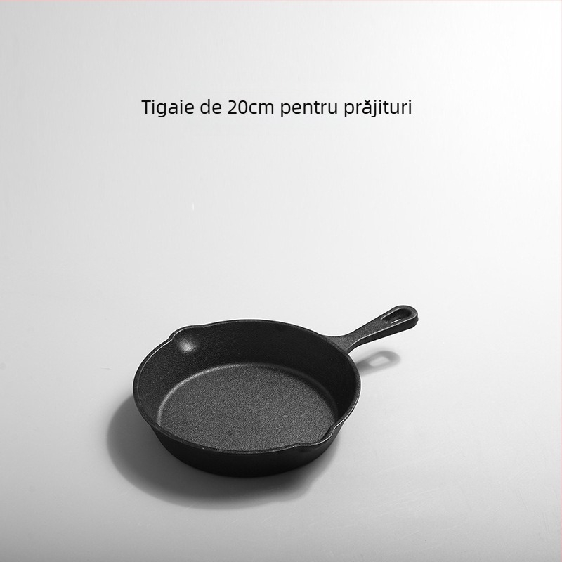 Tigaie din fontă, netencuită, cu fund dintr-o singură bucată, potrivită pentru inducție, gaz și cuptor cu microunde