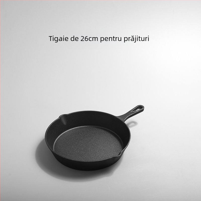 Tigaie din fontă, netencuită, cu fund dintr-o singură bucată, potrivită pentru inducție, gaz și cuptor cu microunde