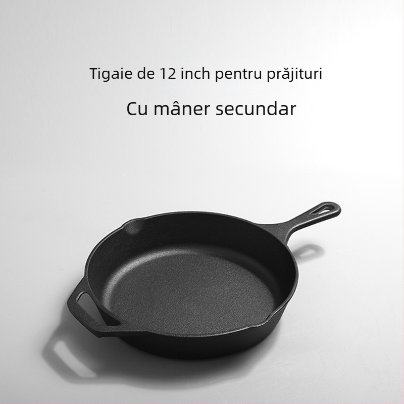 Tigaie din fontă, netencuită, cu fund dintr-o singură bucată, potrivită pentru inducție, gaz și cuptor cu microunde