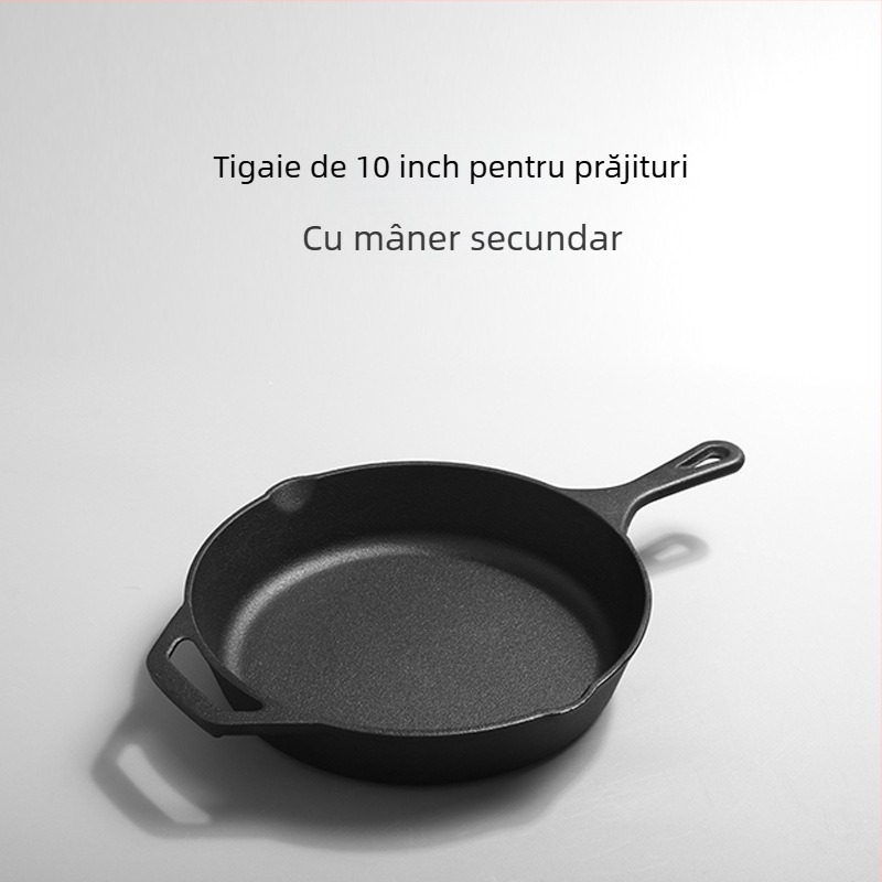 Tigaie din fontă, netencuită, cu fund dintr-o singură bucată, potrivită pentru inducție, gaz și cuptor cu microunde
