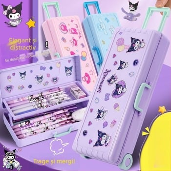 Cutie de papetărie din plastic, cu două niveluri, pliabilă – capacitate mare, cutie multifuncțională pentru elevi, model TLBH-01DK2