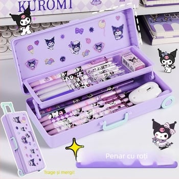 Cutie de papetărie din plastic, cu două niveluri, pliabilă – capacitate mare, cutie multifuncțională pentru elevi, model TLBH-01DK2