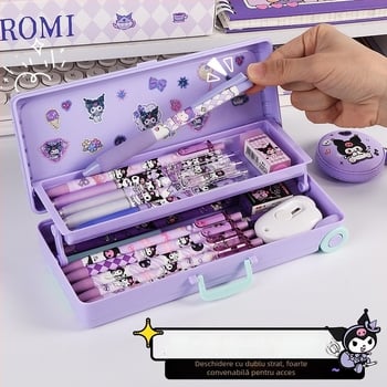 Cutie de papetărie din plastic, cu două niveluri, pliabilă – capacitate mare, cutie multifuncțională pentru elevi, model TLBH-01DK2