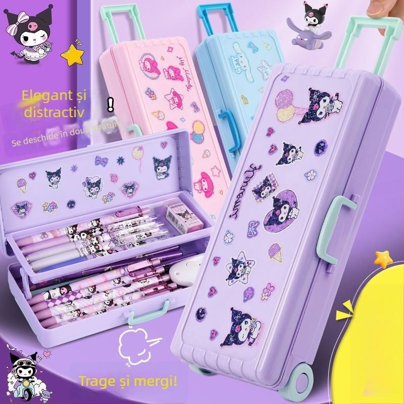 Cutie de papetărie din plastic, cu două niveluri, pliabilă – capacitate mare, cutie multifuncțională pentru elevi, model TLBH-01DK2