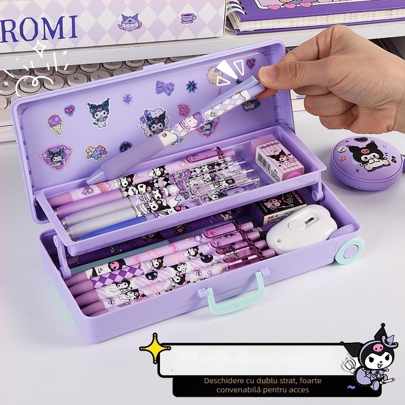 Cutie de papetărie din plastic, cu două niveluri, pliabilă – capacitate mare, cutie multifuncțională pentru elevi, model TLBH-01DK2