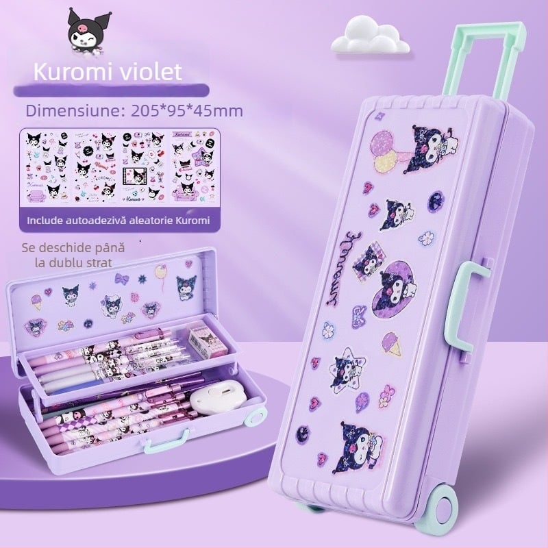 Cutie de papetărie din plastic, cu două niveluri, pliabilă – capacitate mare, cutie multifuncțională pentru elevi, model TLBH-01DK2