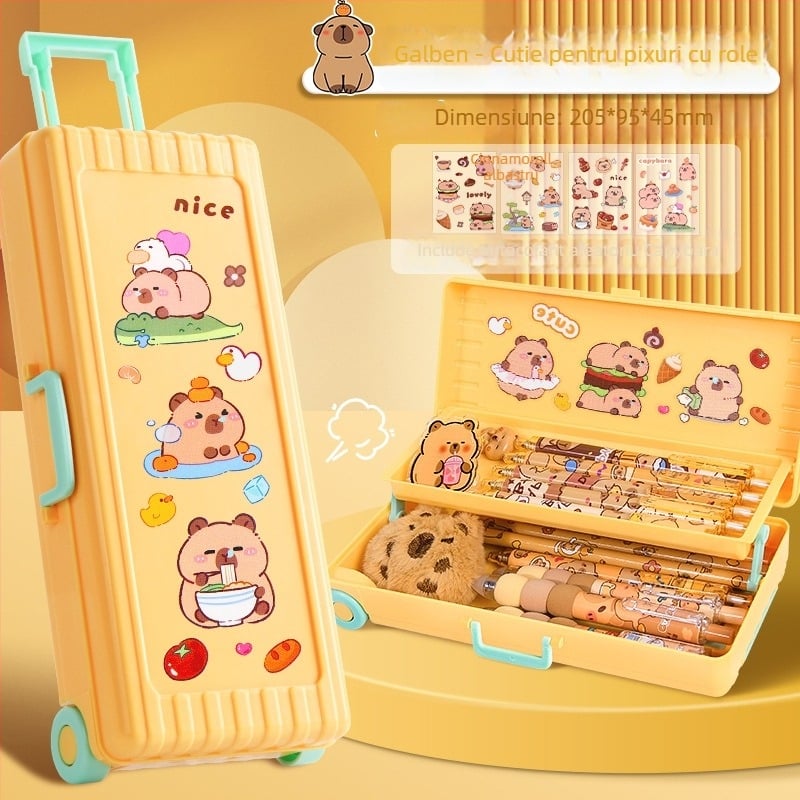 Cutie de papetărie din plastic, cu două niveluri, pliabilă – capacitate mare, cutie multifuncțională pentru elevi, model TLBH-01DK2